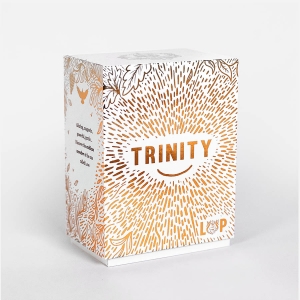 Opened TRINITY gift box, showing a collection of 45 Illustrated Bible Verse Cards and a little wooden stand, that make great christian gifts.  
