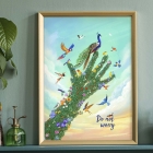 Showing a framed version of our Do Not Worry Art Print with a tree in the shape of a hand and loads of colourful birds flying around or perching on it, with the phrase "Do Not  Worry" written. 