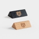 Two magentic wooden card stands.  One black and the other in natural wood both embossed with the L&P emblem  