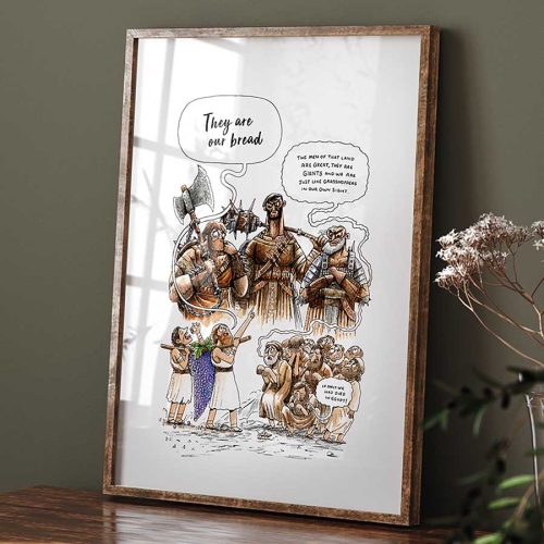 Framed print of characters saying "they are our bread" while the others are cowering in the face of the giants of the land