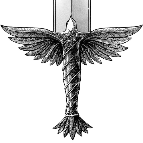 Inspiring wall art featuring a black and white image of a sword with the hilt in the shape of a dove. wall art