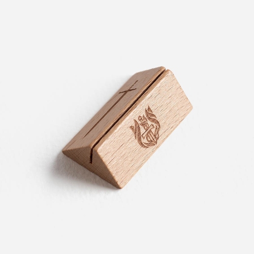 Magentic wooden card stand. Showing a view from higher up.