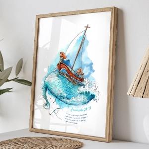Jeremiiah 29 verse 11 Adventure art print, showing Jesus and his hair as water with a boat riding in the waves and a woman and man enjoying the adventure.  The verse is printed on the bottom of the image.  It  is mostly blue and turquise water colours wit