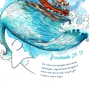 Adventure with Jesus Water colour art print close up showing the verse on the print from Jeremiah 29:11 