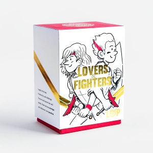 Front of the LOVERS&FIGHTERS gift box, from the left side, containing a collection of 45 Illustrated Bible Verse Cards and a little wooden stand, that make great christian gifts.  