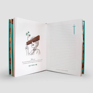 UNITY Christian Journal inside showing an illustrated page from Matthew 7:5 and a linned page for your own notes.  The journal is stood up open.  They make perfect christian gifts for many occasions. 