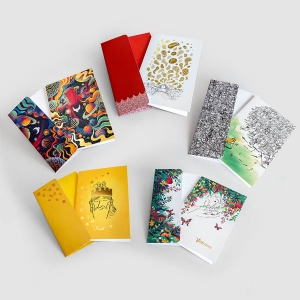 Five different greeting cards with matching illustrated envelopes featuring gold foil in four out of five of the cards in the collection.  This is the VICTORIOUS greeting card pack.  