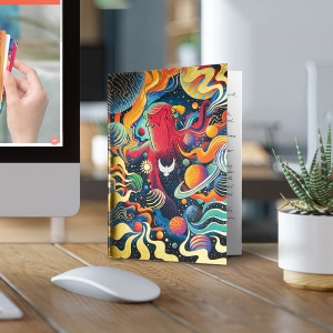 Christian greeting cards with matching illustrated envelopes featuring gold foil.  This card is shown standing on a desk next to a plant, mouse and iMac and is based on the verse 1Corinthians 2:9-10