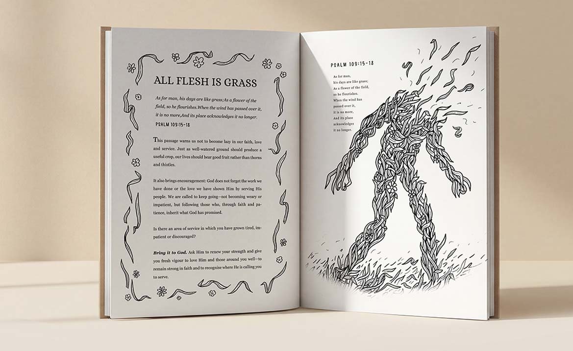 SOBER spread ‘All Flesh Is Grass’, Psalm 103:15-18 devotion and illustration