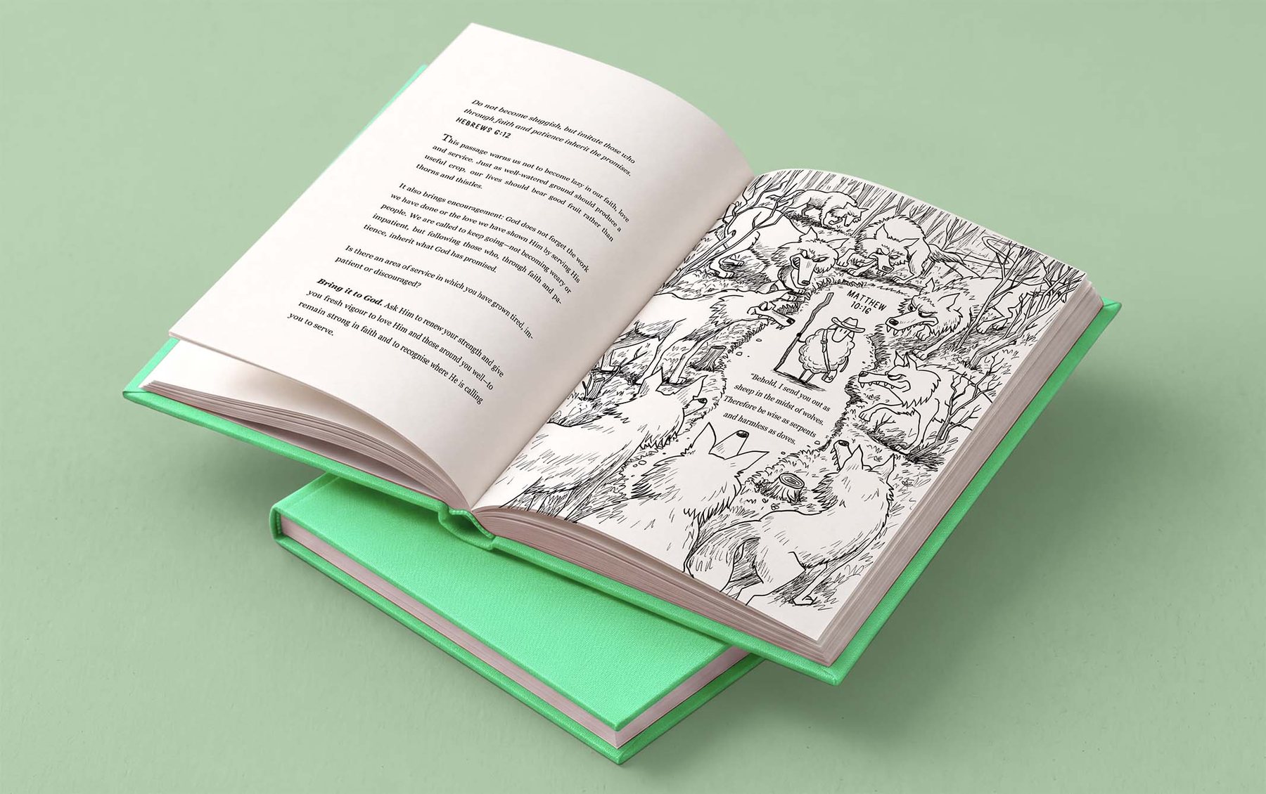 SOBER hardback open at Matthew 10:16, a sheep sent out in the midst of wolves, beside the Hebrews 6:12 devotion