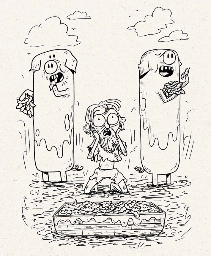 Hand-inked illustration of the prodigal son kneeling between two pigs at the feeding trough